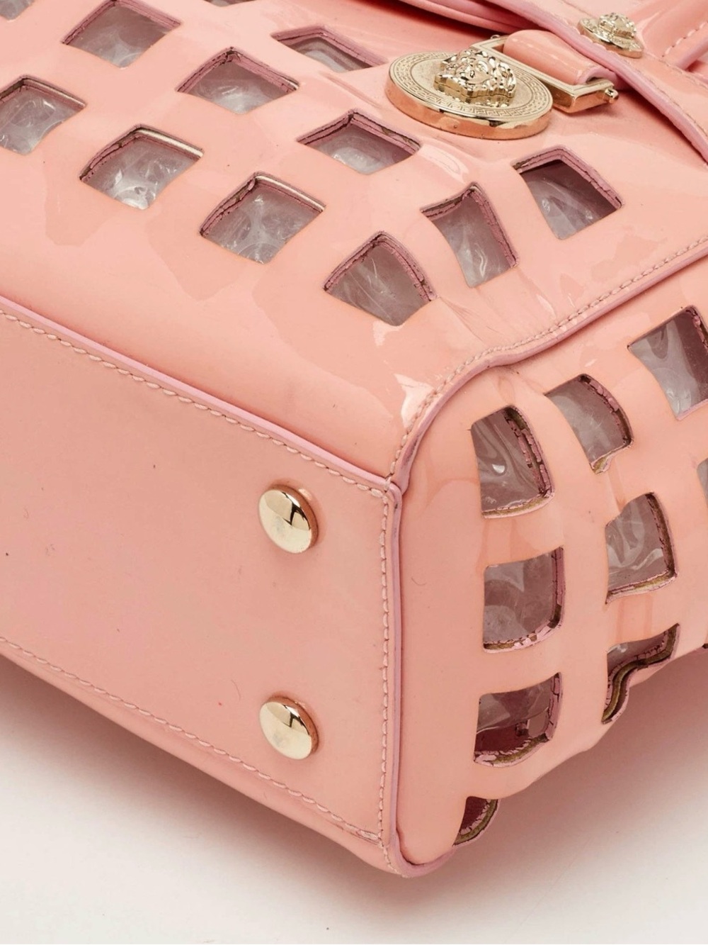Versace Pink Patent Leather Medusa Cutout Satchel Crossbody Bag Golden Hardware - Picture 12 of 16